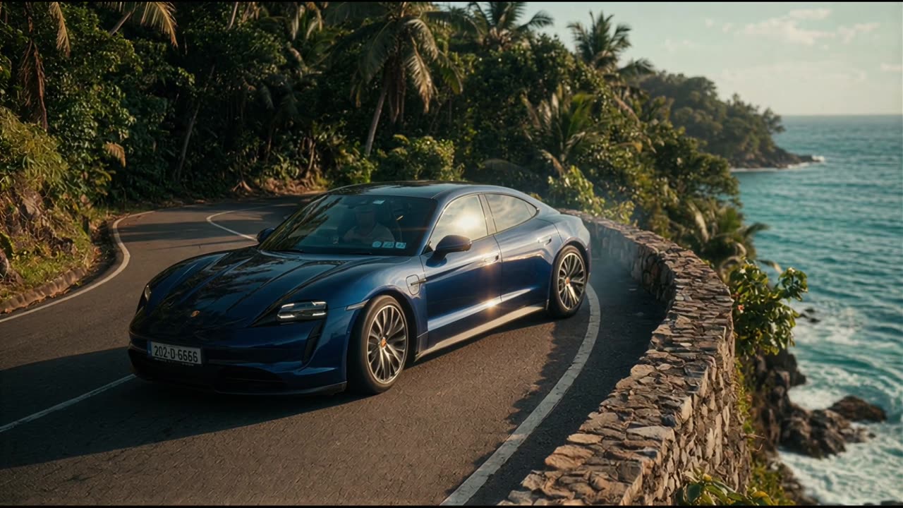 A frame from the finished cinematic ad, the same car on a coastal road at golden hour